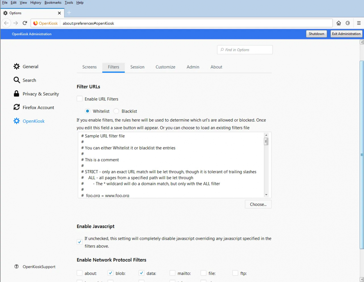 OpenKiosk Web Browser whitelist page
